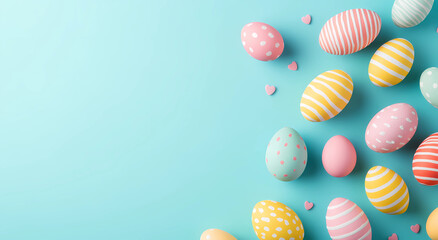 Fototapeta premium Colorful Easter eggs on a pastel background with copy space for text, top view.