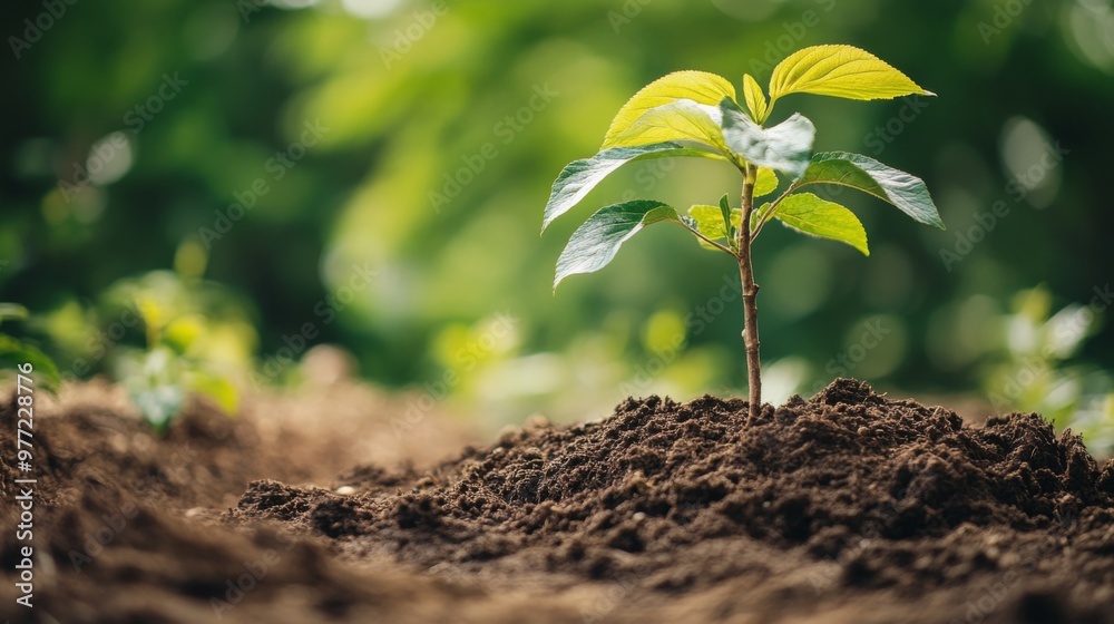 Poster A close-up of a young tree being planted in a garden with a focus on the root system and soil preparation, set against a clean, natural backdrop.