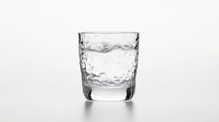 A frosty vodka shot glass, completely chilled with visible frost, isolated on a clean white background. -