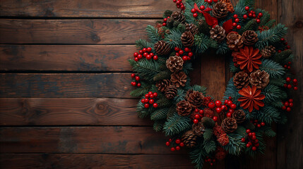 Christmas wreath made natural materials, pinecones, berries on rustic wooden backdrop. Generative AI