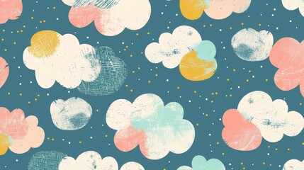 Colorful clouds pattern with a vintage touch, perfect for backgrounds, textiles, and cheerful design projects.