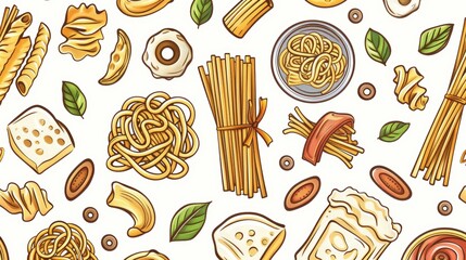 An artistic pattern featuring various types of noodles, pasta, and ingredients on a light background, perfect for culinary themes.