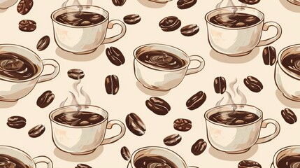 A cozy and inviting pattern featuring steaming coffee cups and coffee beans, perfect for creating a warm atmosphere.