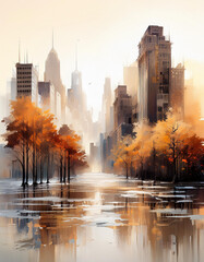 Obraz premium Panorama miasta, abstrakcja, akwarela, tapeta, dekoracja. Generative AI