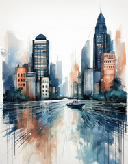 Panorama miasta, abstrakcja, akwarela, tapeta, dekoracja. Generative AI