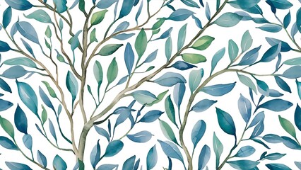 Fototapeta premium Watercolor eucalyptus branches and leaves seamless pattern, hand painted on a white background