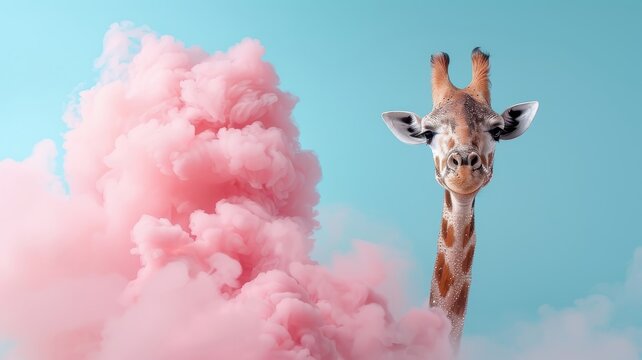 Stylish giraffe with sequin and neon spots sashays through smoky haze for nightlife event.