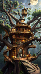 Obraz premium Enchanted treehouse library nestled in a majestic ancient tree at night