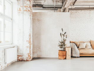 Cozy minimalist living space featuring light walls, a sofa, and a potted plant in a spacious industrial-style room