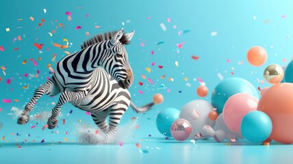 Obraz premium Vibrant illustration of a zebra with neon stripes dancing amidst confetti and disco balls.