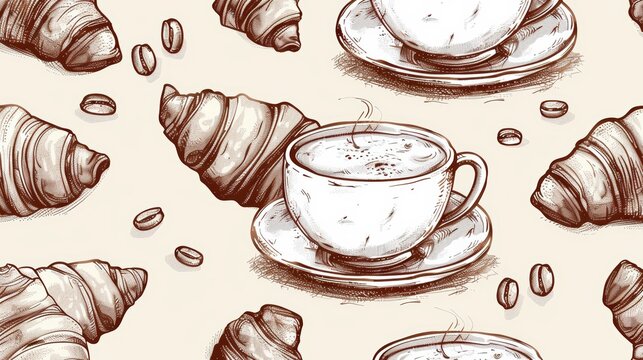 A delightful pattern featuring croissants and coffee cups, perfect for cafe-themed designs and culinary projects.