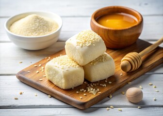 Fototapeta premium Banku dough served with a side of honey and sesame seeds on a clean white surface