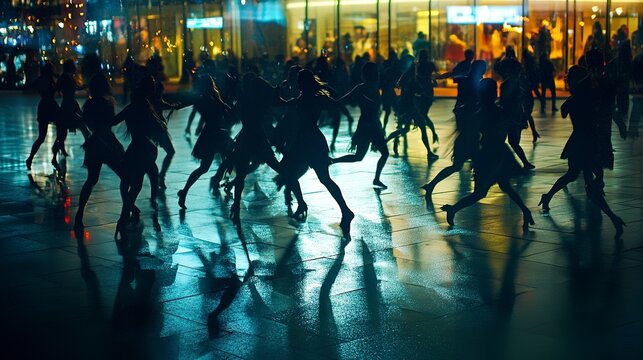Shadow Dance: Urban Night Rhythms, glass reflections as part of a dance routine, flash mob dancers 