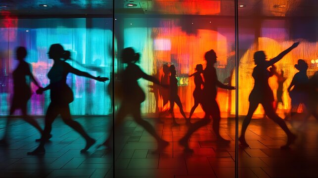 Shadow Dance: Urban Night Rhythms, glass reflections as part of a dance routine, flash mob dancers 