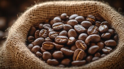 A close-up of freshly roasted coffee beans in a burlap sack, with warm natural lighting highlighting the rich textures and deep brown tones of the beans.