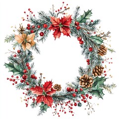 A beautiful Christmas wreath adorned with pine, holly, red berries, and festive flowers, perfect for holiday decoration.