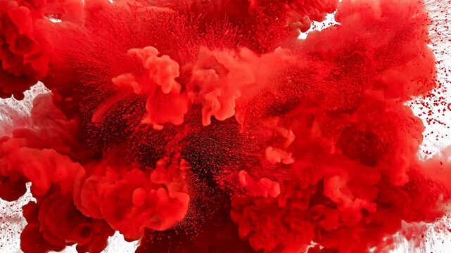 Color burst, colorful red smoke powder explosion. Coloured fluid ink particles in slow motion. Isolated on white.