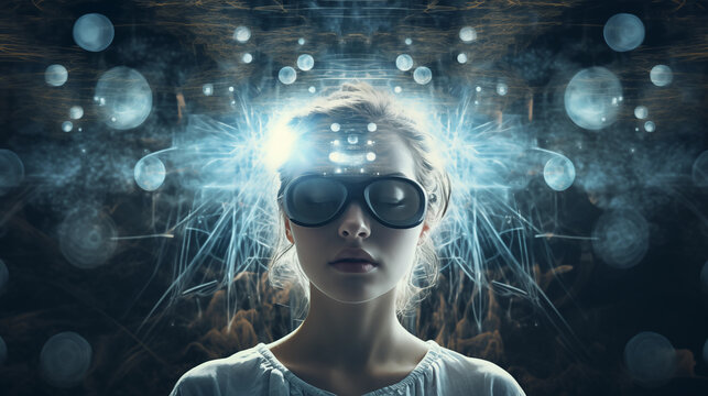 Frauenkopf mit Brille in visualisierten Gedanken-Blitzen und blauen Lichteffekten. Konzept: Kreatives Gedankenchaos. Illustration