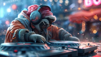 Penguin DJ in headphones and sequined jacket spinning vinyl records under a disco ball.