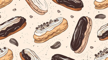 Fototapeta premium A delightful array of hand-drawn eclairs with chocolate and cream toppings on a beige background.