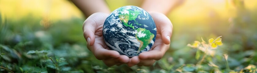 A person holds a small globe, symbolizing care for the Earth and environmental awareness in a lush green setting.