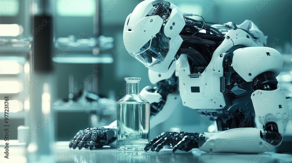 Poster a futuristic robot operates in a lab with a bottle of liquid in front of it, symbolizing advanced sc