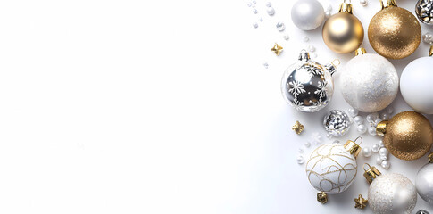 A festive Christmas background with golden and silver decorations, including white beads and ornaments on the right side of the picture