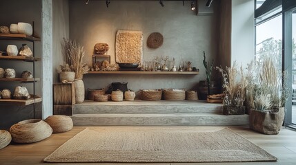 Textured podium in a rustic home decor showroom, artisanal crafts and furniture