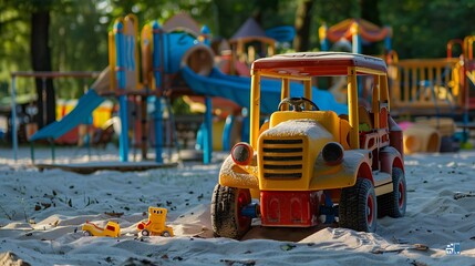 Playground with an adorable vehicle on the sand
