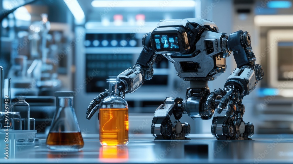 Poster a futuristic robot operates in a lab with a bottle of liquid in front of it, symbolizing advanced sc