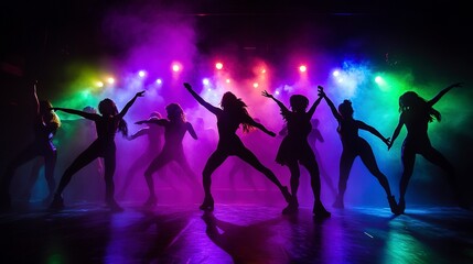 Silhouetted dancers are dynamically posed amidst vibrant lights and fog, creating a captivating and energetic stage performance atmosphere. 