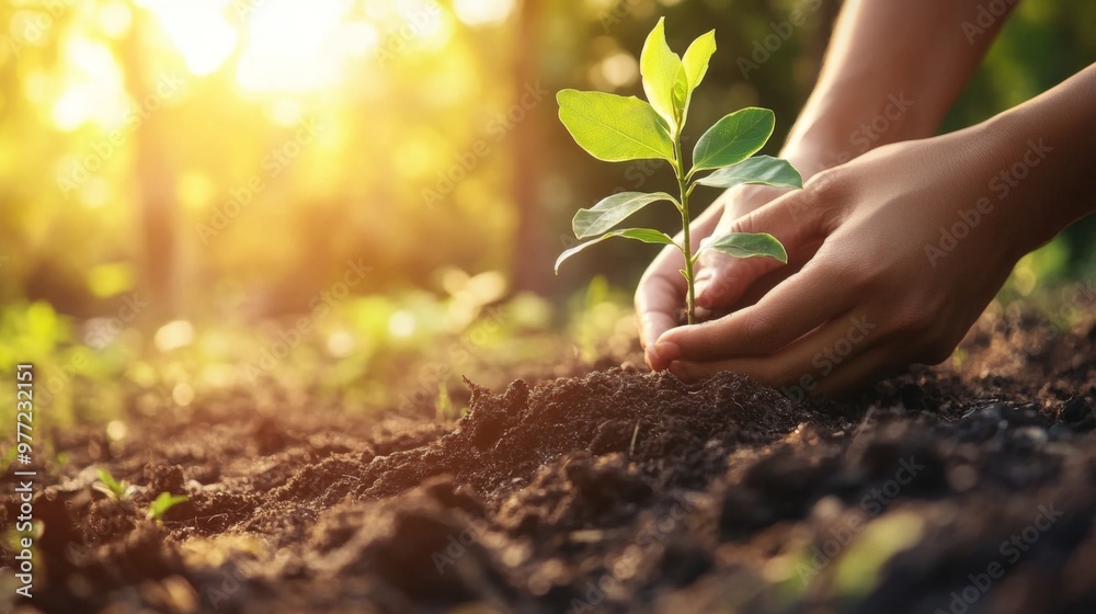 Aufkleber a close-up of hands gently placing a young sapling into the soil, with soft sunlight streaming throu