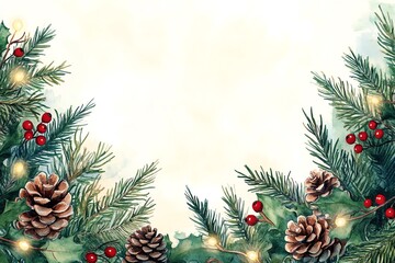 Fototapeta premium A cozy Christmas background featuring pine branches, cones, and festive berries, perfect for holiday-themed designs and cards.