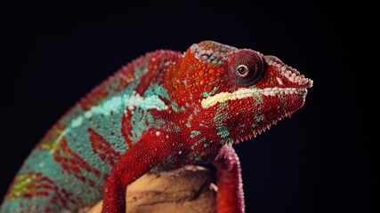 Close-up shot of a beautiful red and green chameleon in front of a black background.