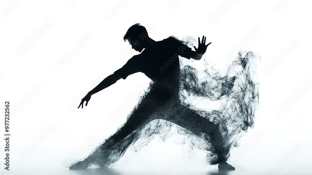 Sticker Dynamic silhouette of modern dancer man against bright white background. Fluid expressive pose. Freedom, fun dance, artistic performance. Contrast motion Creative project, inspirational fashion poster