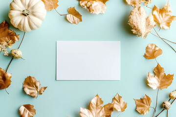 Photo of a blank white card mockup on a pastel GREEN background with golden leaves and pumpkin decoration, in a flat lay. Top view
