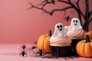 Halloween cupcakes with ghost topper and pumpkins on a pastel pink wall background, with copy space for text