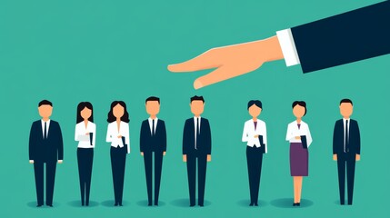Business selection concept featuring a hand choosing people from a lineup of professionals in formal attire.