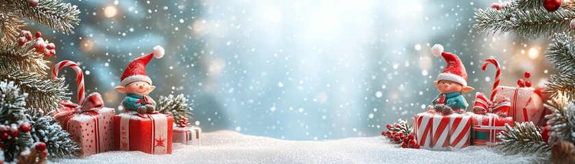 A festive winter scene with snow, gifts, and cheerful decorations creating a magical holiday atmosphere.