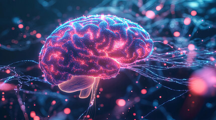 Fototapeta premium Human brain with neural connections. Human brain hologram. Brain anatomy. Human brain animation. Medical science background. Artificial Intelligence. Futuristic and high-tech background.