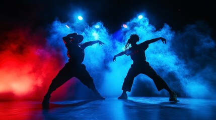 Two dancers perform a dynamic hip-hop routine on a stage with dramatic lighting and smoke effects. The intense blue and red lights 