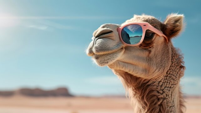 Close-up of camel with oversized sunglasses and a calm demeanor.