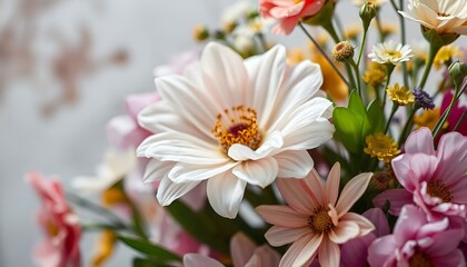 Fototapeta premium Close-up of a beautiful flower arrangement featuring delicate daisies and colorful blossoms 