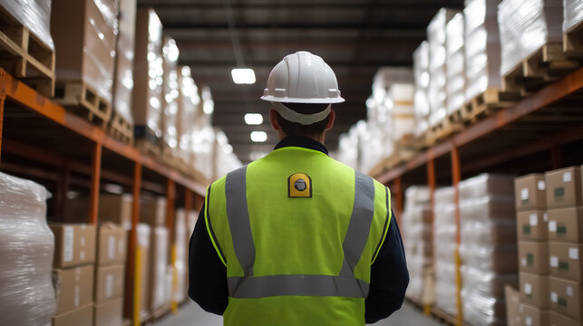 a warehouse worker wearing a neon green vest and a white helmet, standing in front of shelves filled with boxes