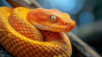 Fototapeta premium A stunning pit viper coiled on a tree branch, showcasing its bright orange and yellow scales in a high-detail nature shot
