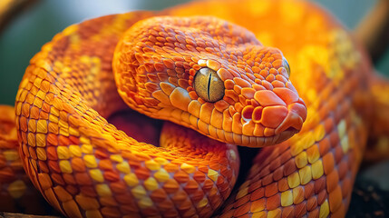Fototapeta premium A stunning pit viper coiled on a tree branch, showcasing its bright orange and yellow scales in a high-detail nature shot