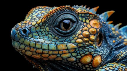 Vibrant animal with jewel-like scales, intricate markings, and piercing eyes, close-up of its exotic and striking features.