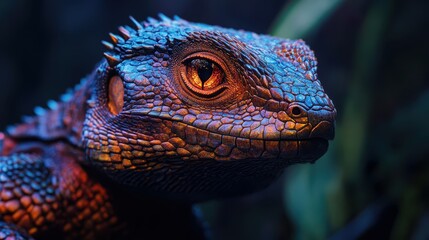 Fototapeta premium Close-up of a rare, exotic lizard with iridescent scales, sharp glowing eyes, and intricate markings on its skin, highly detailed.