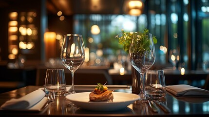 A Single Course Served on a Table with Wine Glasses and Flowers