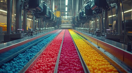 A conveyor belt with a rainbow of colored jelly beans